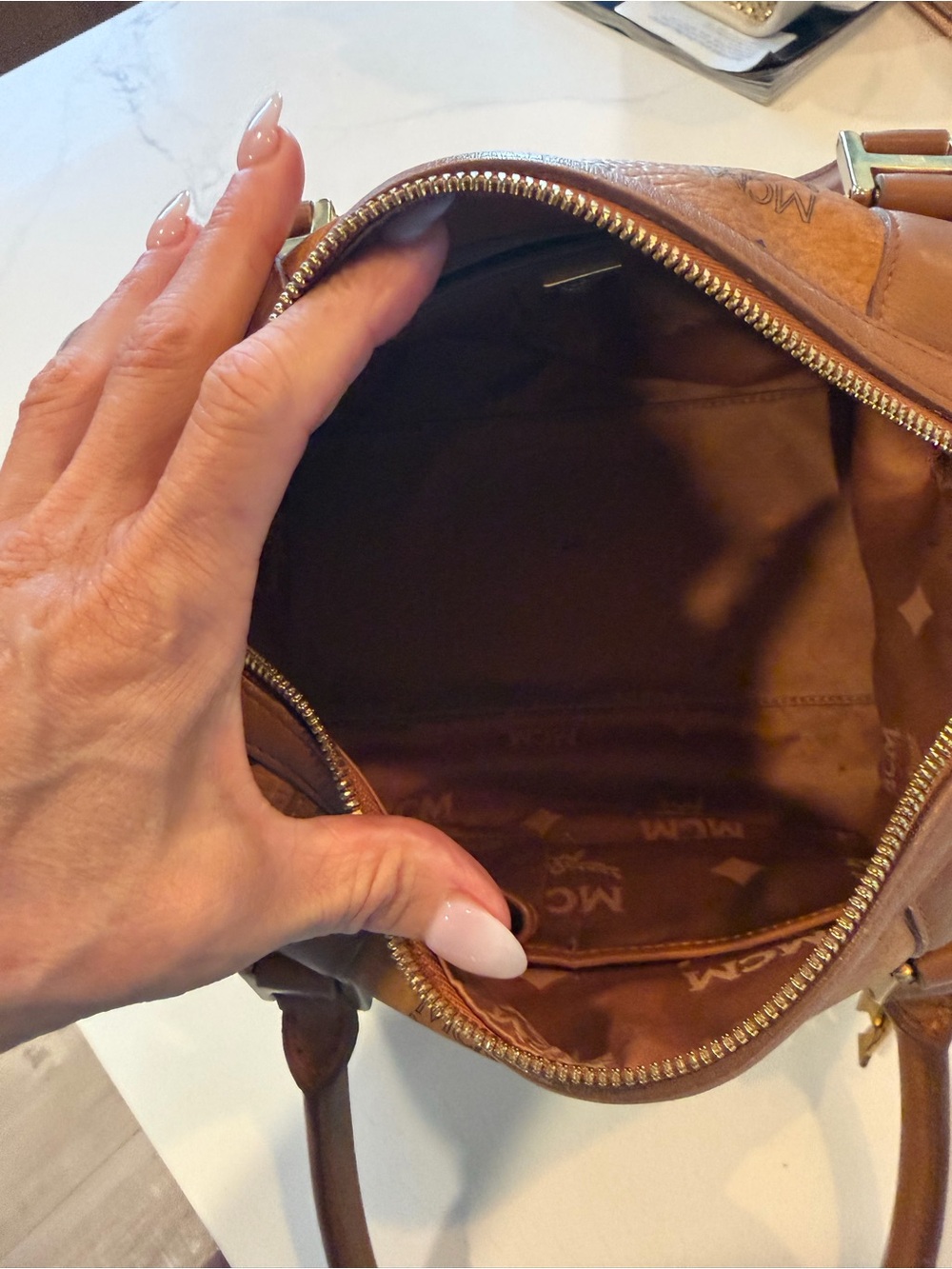 MCM Cognac Visetos Satchel with Gold Hardware - Picture 8 of 10